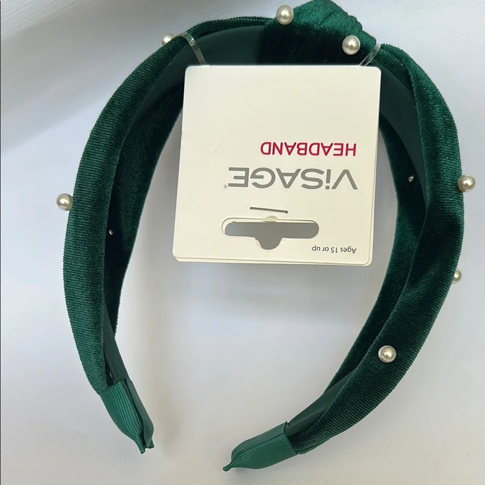 Visage Sage Green Velvet Headband with Pearls